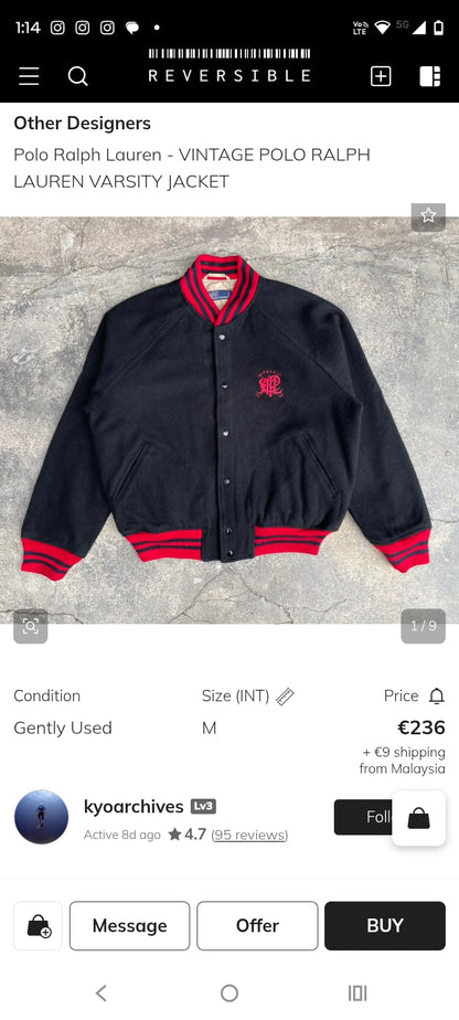 1980 Vintage Polo Ralph Lauren Wool College Varsity Jacket (M/L)