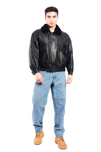 1990 Vintage Leather Type Aviator Bomber Jacket (M)