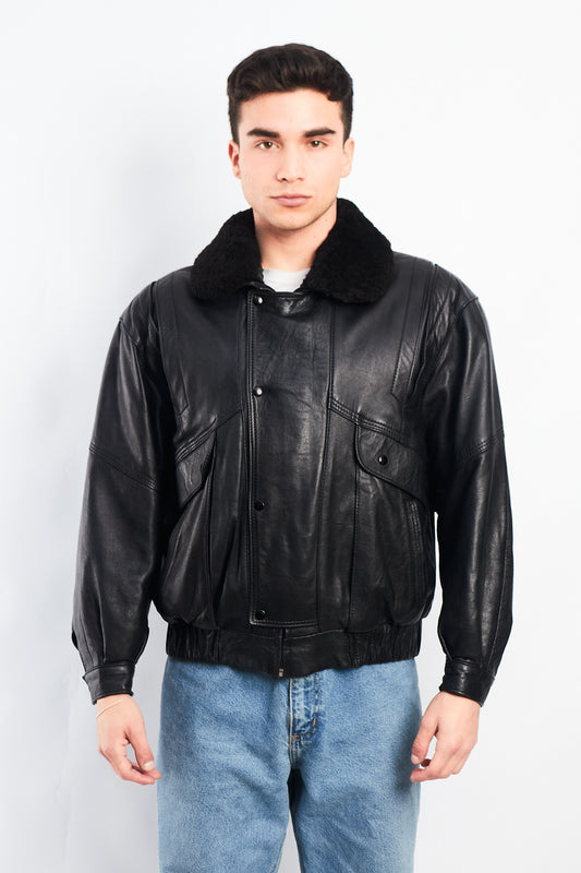 1990 Vintage Leather Type Aviator Bomber Jacket (M)