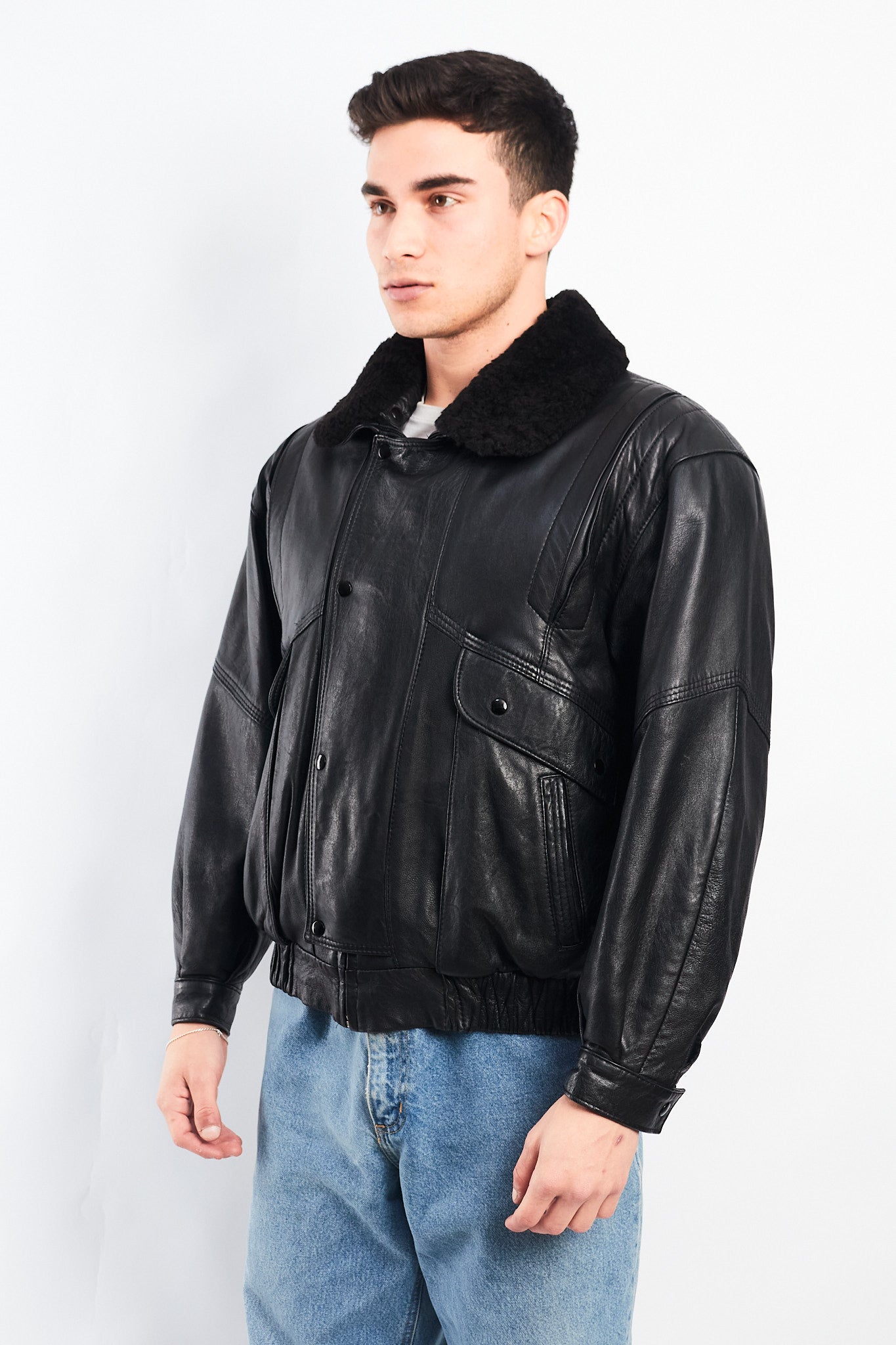 1990 Vintage Leather Type Aviator Bomber Jacket (M)