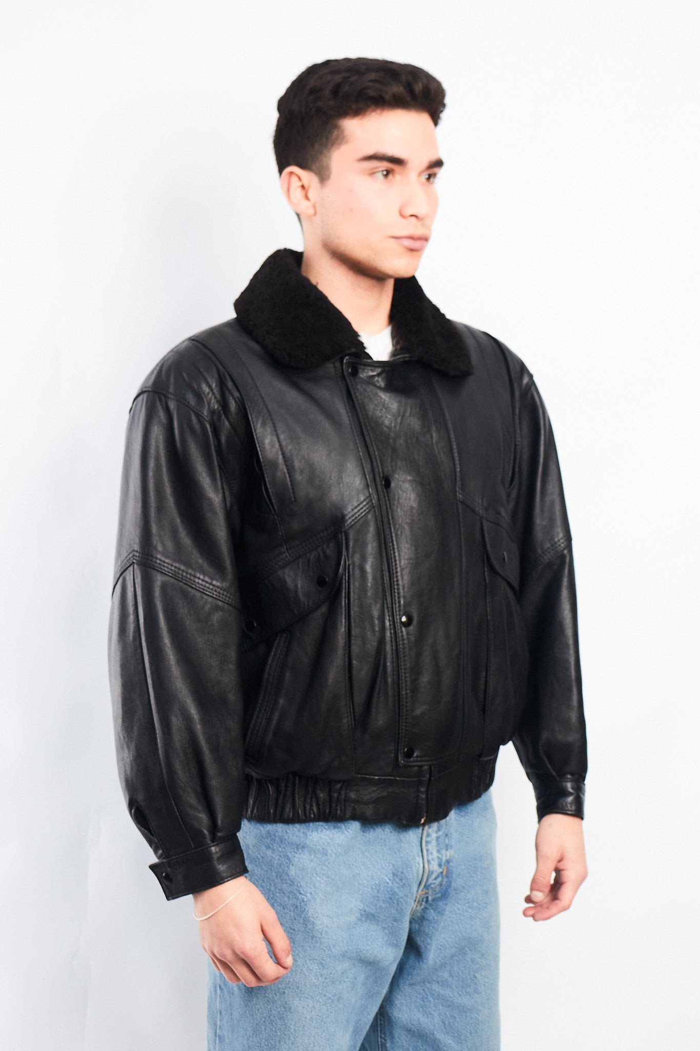 1990 Vintage Leather Type Aviator Bomber Jacket (M)
