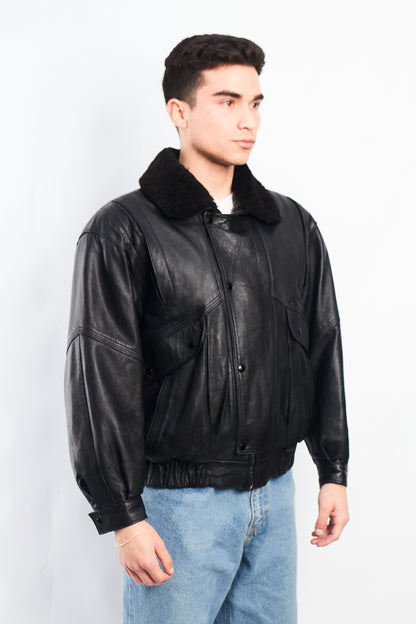 1990 Vintage Leather Type Aviator Bomber Jacket (M)