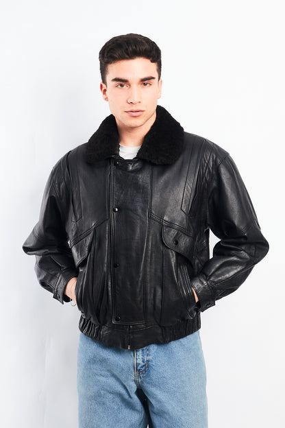 1990 Vintage Leather Type Aviator Bomber Jacket (M)