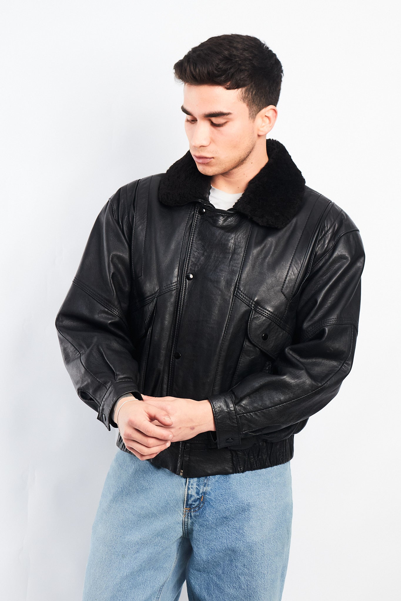1990 Vintage Leather Type Aviator Bomber Jacket (M)