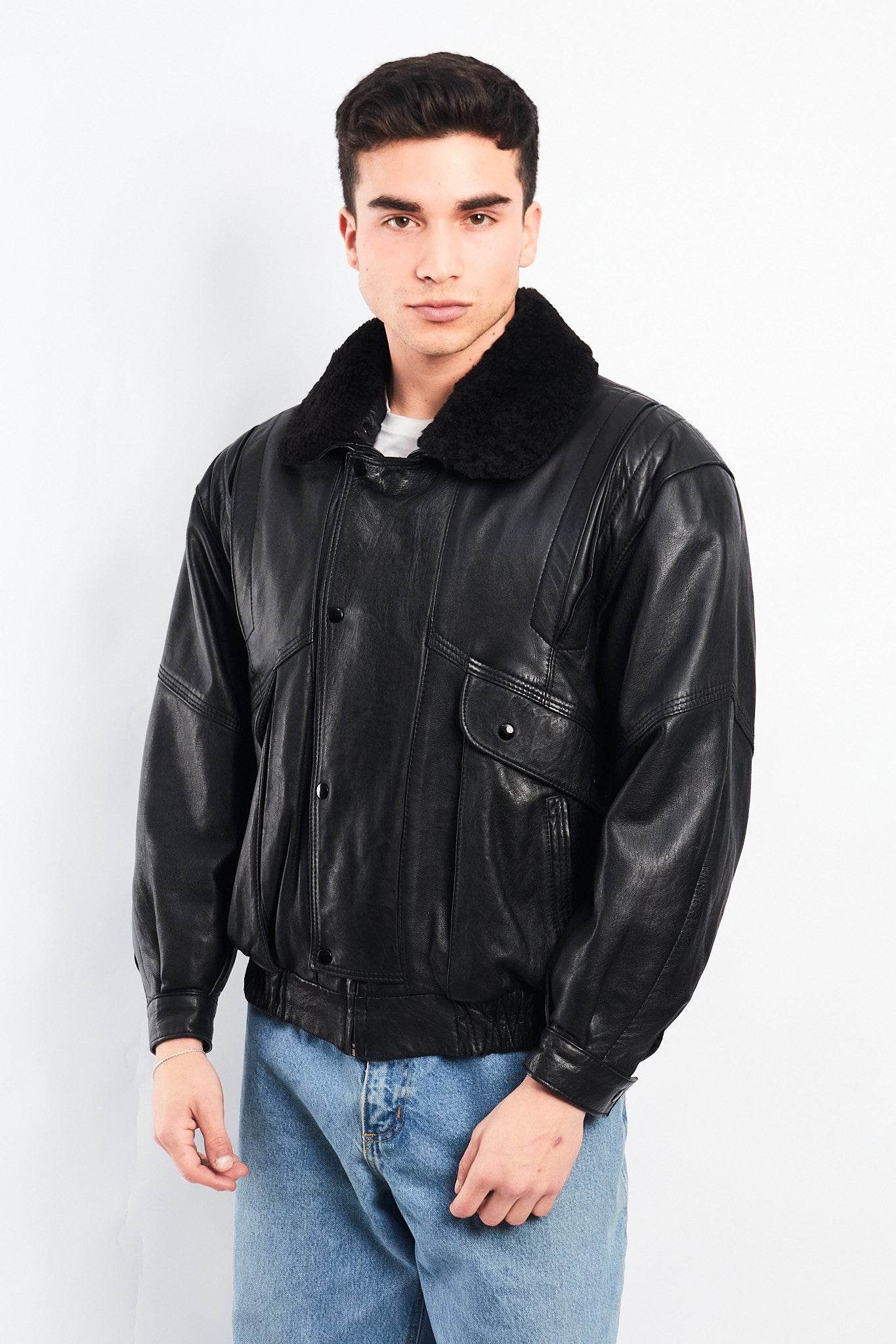1990 Vintage Leather Type Aviator Bomber Jacket (M)