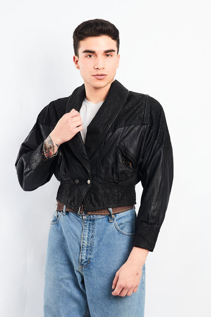 1990 Chia Leather Animal Print Crop Bomber Jacket (XS)