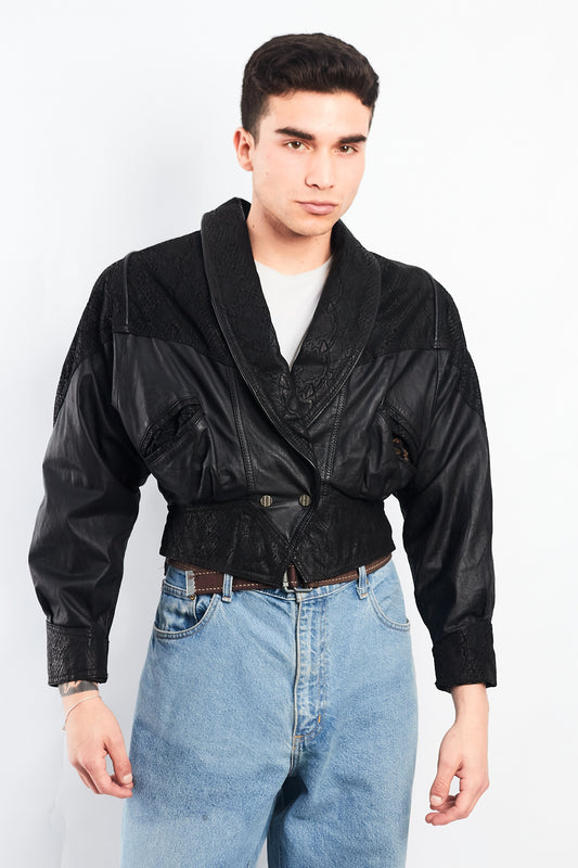 1990 Chia Leather Animal Print Crop Bomber Jacket (XS)