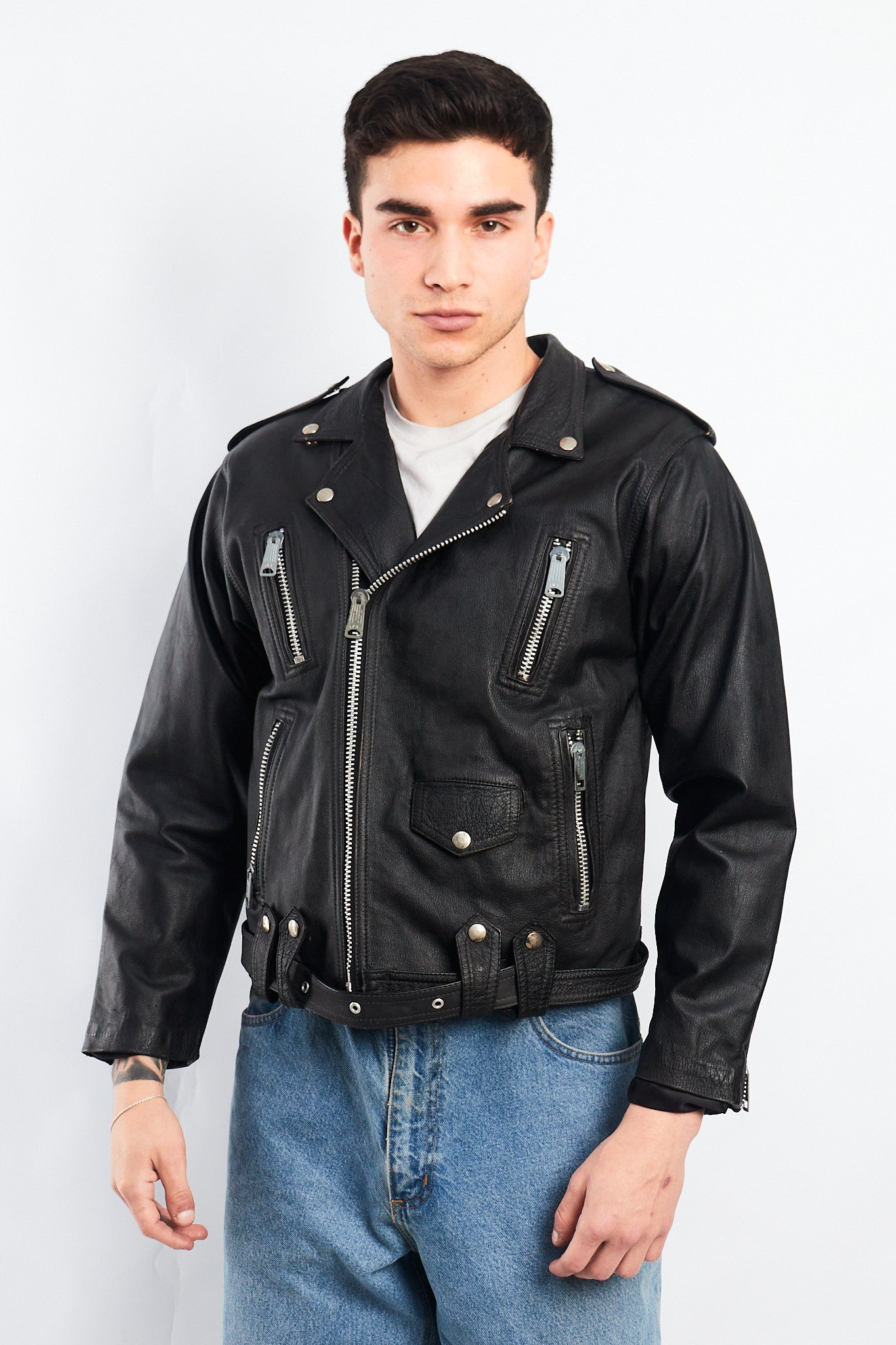1990 Vintage Leather Biker Jacket (S/M)