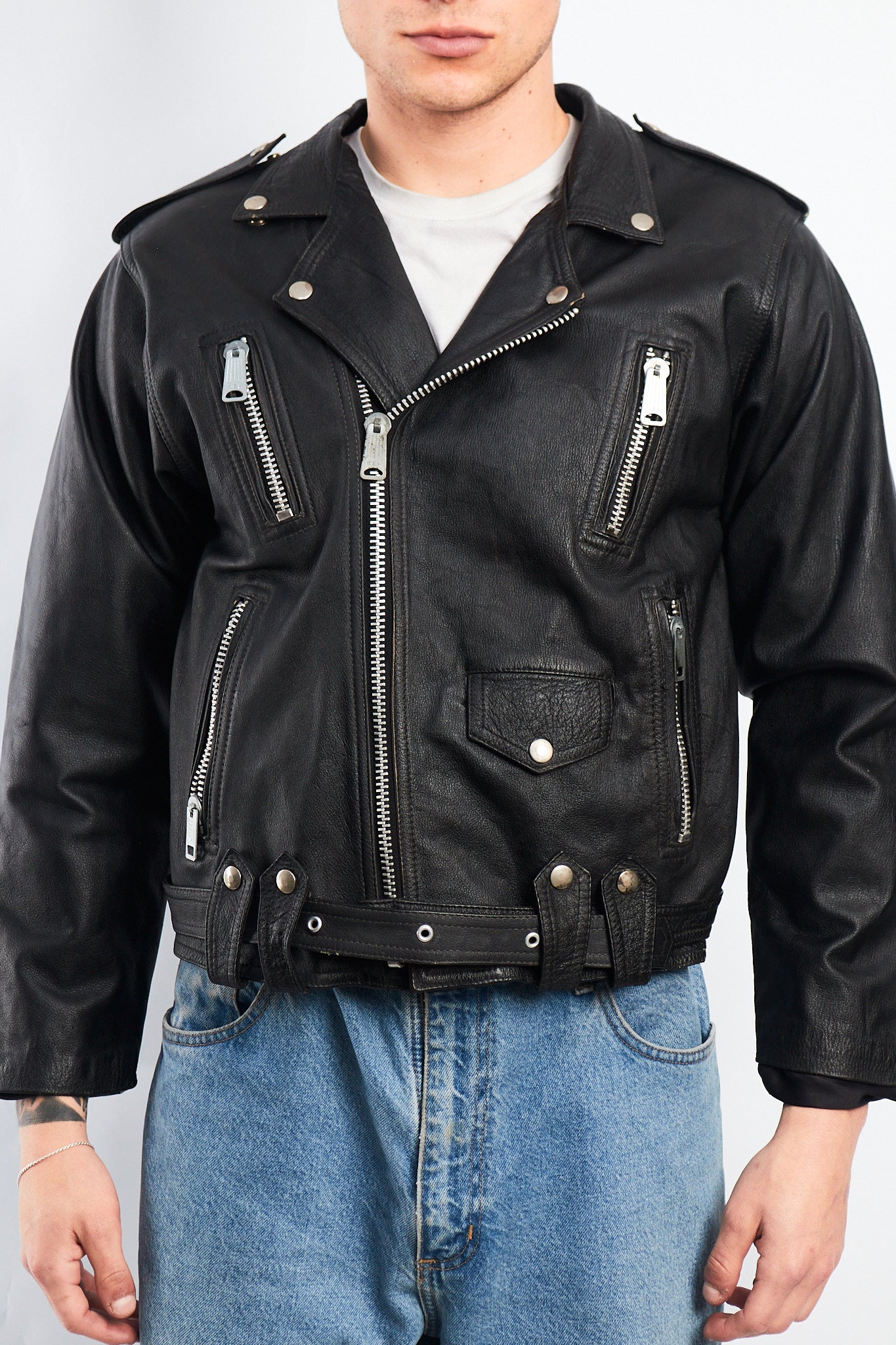 1990 Vintage Leather Biker Jacket (S/M)