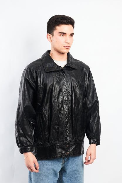 1990 Vintage Waves Print Leather Bomber Jacket (M/L)