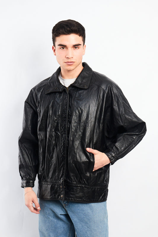 1990 Vintage Waves Print Leather Bomber Jacket (M/L)