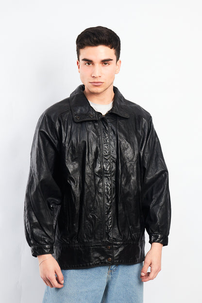1990 Vintage Waves Print Leather Bomber Jacket (M/L)