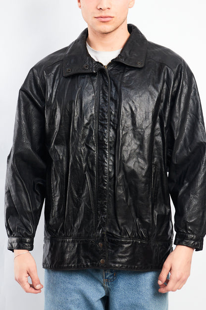 1990 Vintage Waves Print Leather Bomber Jacket (M/L)