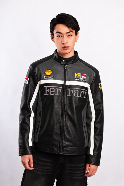 F1 Scuderia Ferrari Schumacher Grey and Black Edition Vegan Leather Racing Jacket