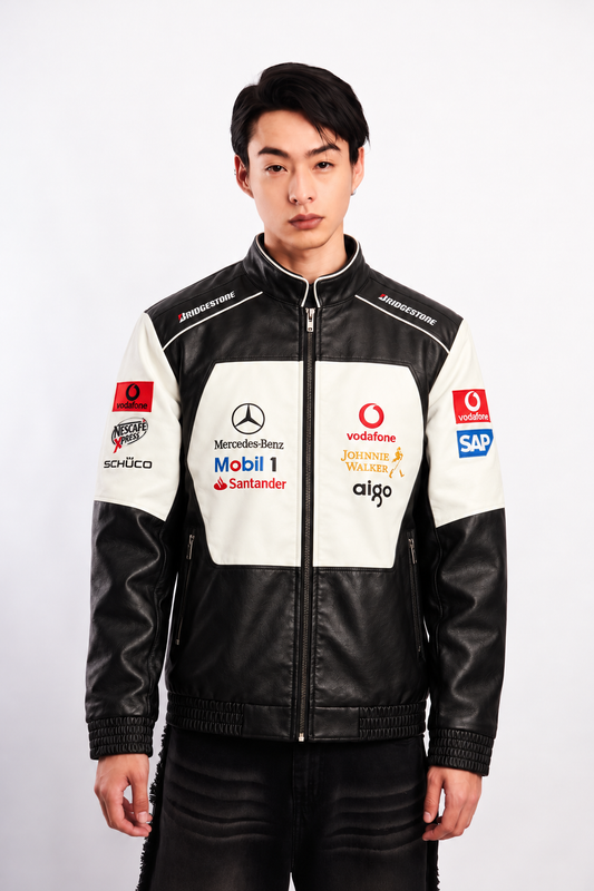 F1 Mclaren Mercedes "Hamilton" Black Vegan Leather Racing Jacket