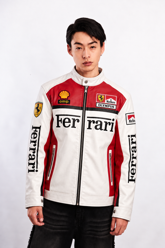 F1 Scuderia Ferrari Schumacher Vegan Leather Spellout Racing Jacket