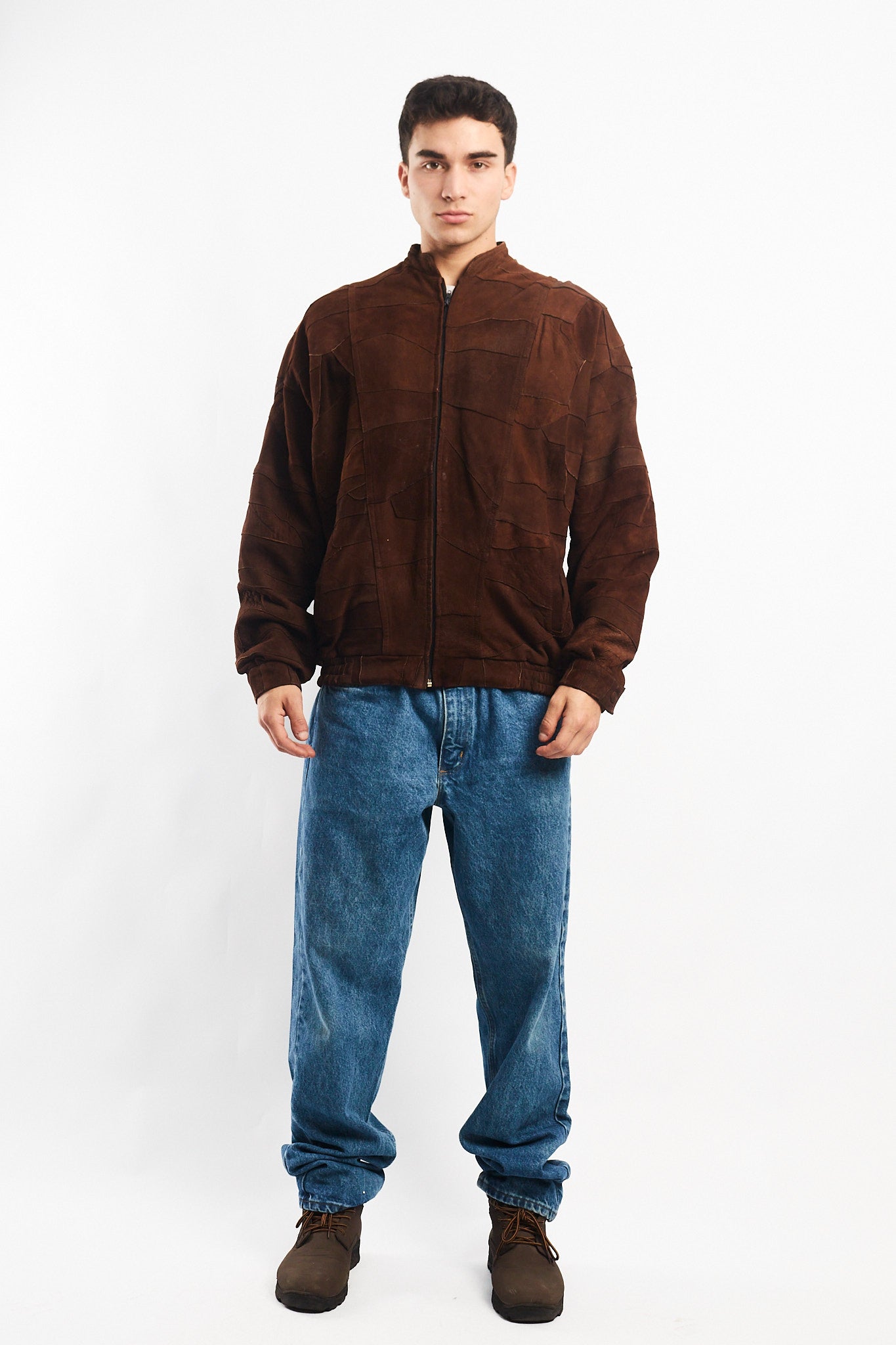 1990 Vintage Cinnamon Patchwork Leather Bomber Jacket (L/XL)