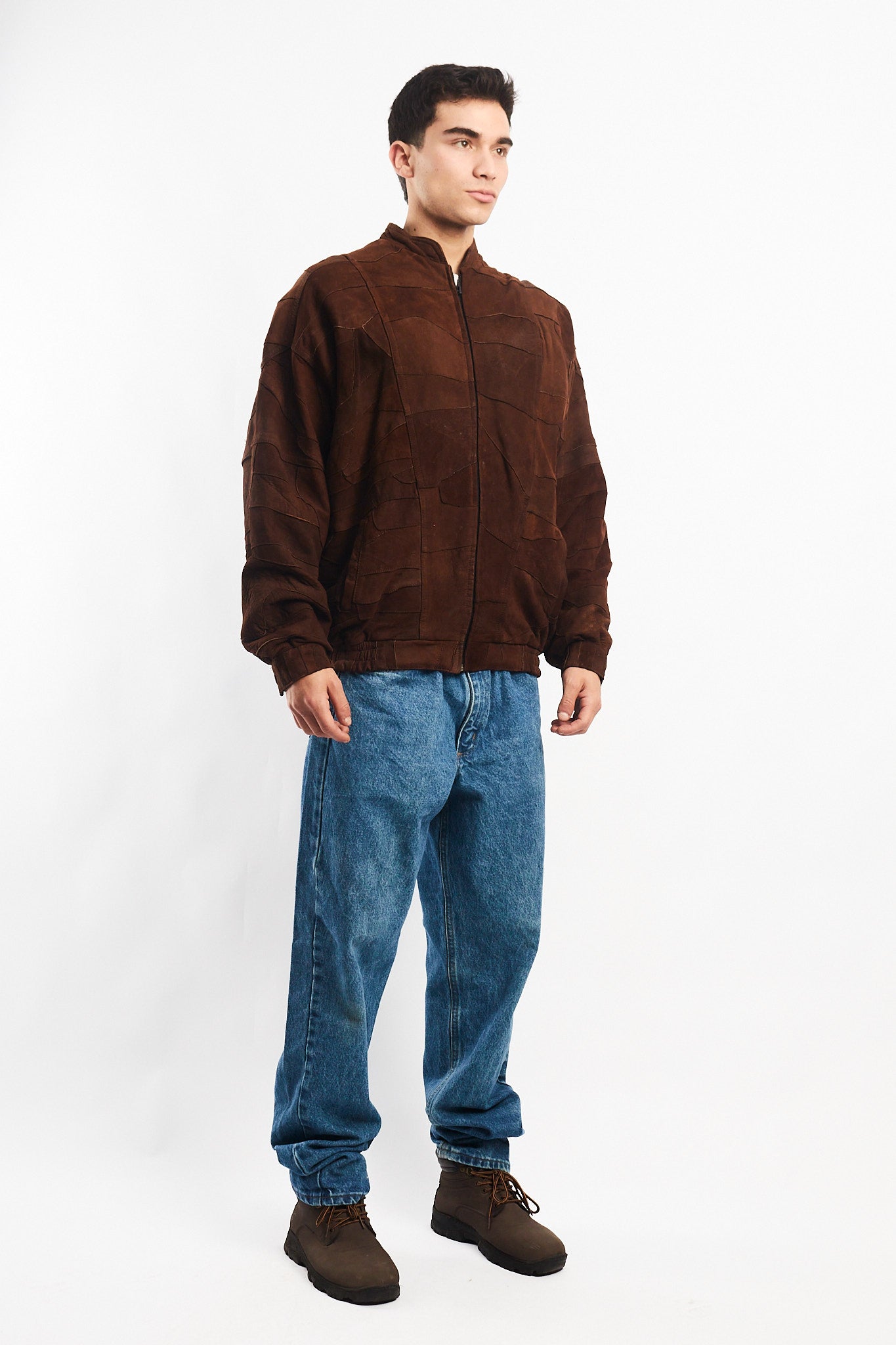 1990 Vintage Cinnamon Patchwork Leather Bomber Jacket (L/XL)