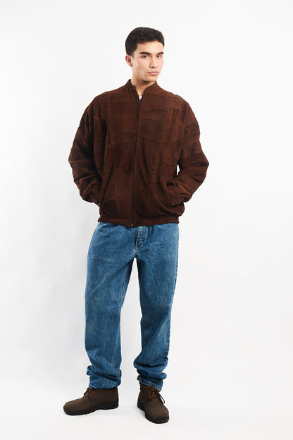 1990 Vintage Cinnamon Patchwork Leather Bomber Jacket (L/XL)