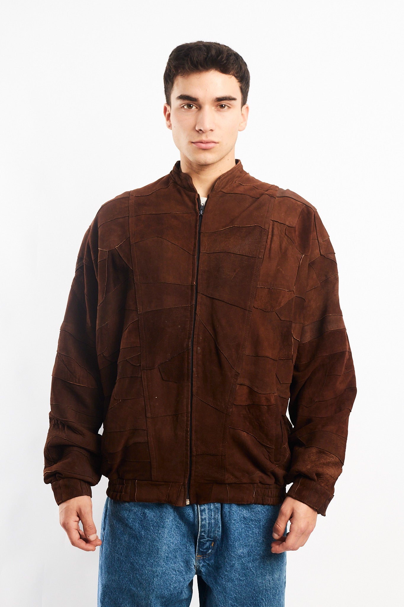 1990 Vintage Cinnamon Patchwork Leather Bomber Jacket (L/XL)