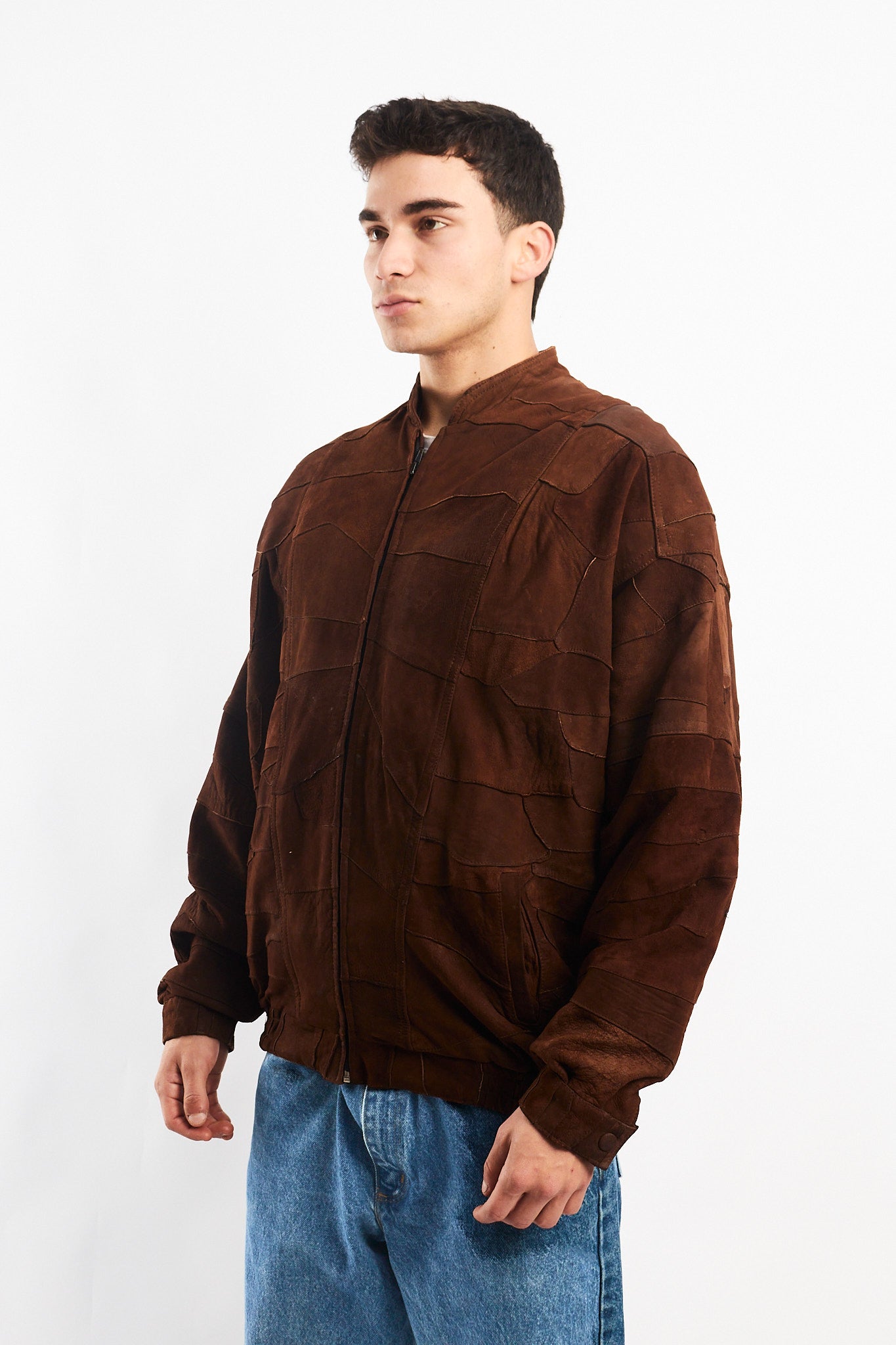 1990 Vintage Cinnamon Patchwork Leather Bomber Jacket (L/XL)