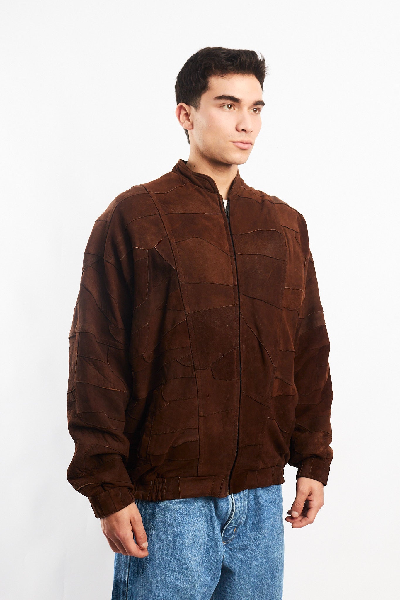 1990 Vintage Cinnamon Patchwork Leather Bomber Jacket (L/XL)