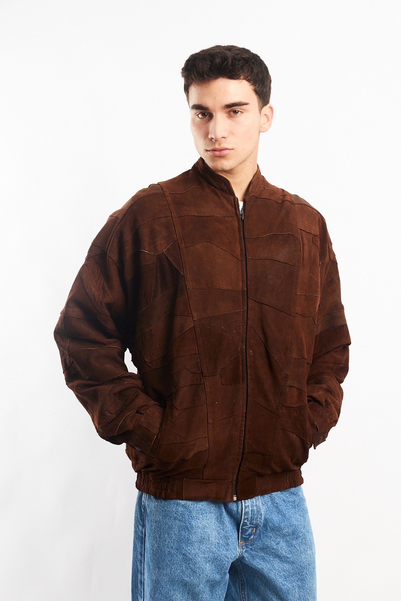 1990 Vintage Cinnamon Patchwork Leather Bomber Jacket (L/XL)