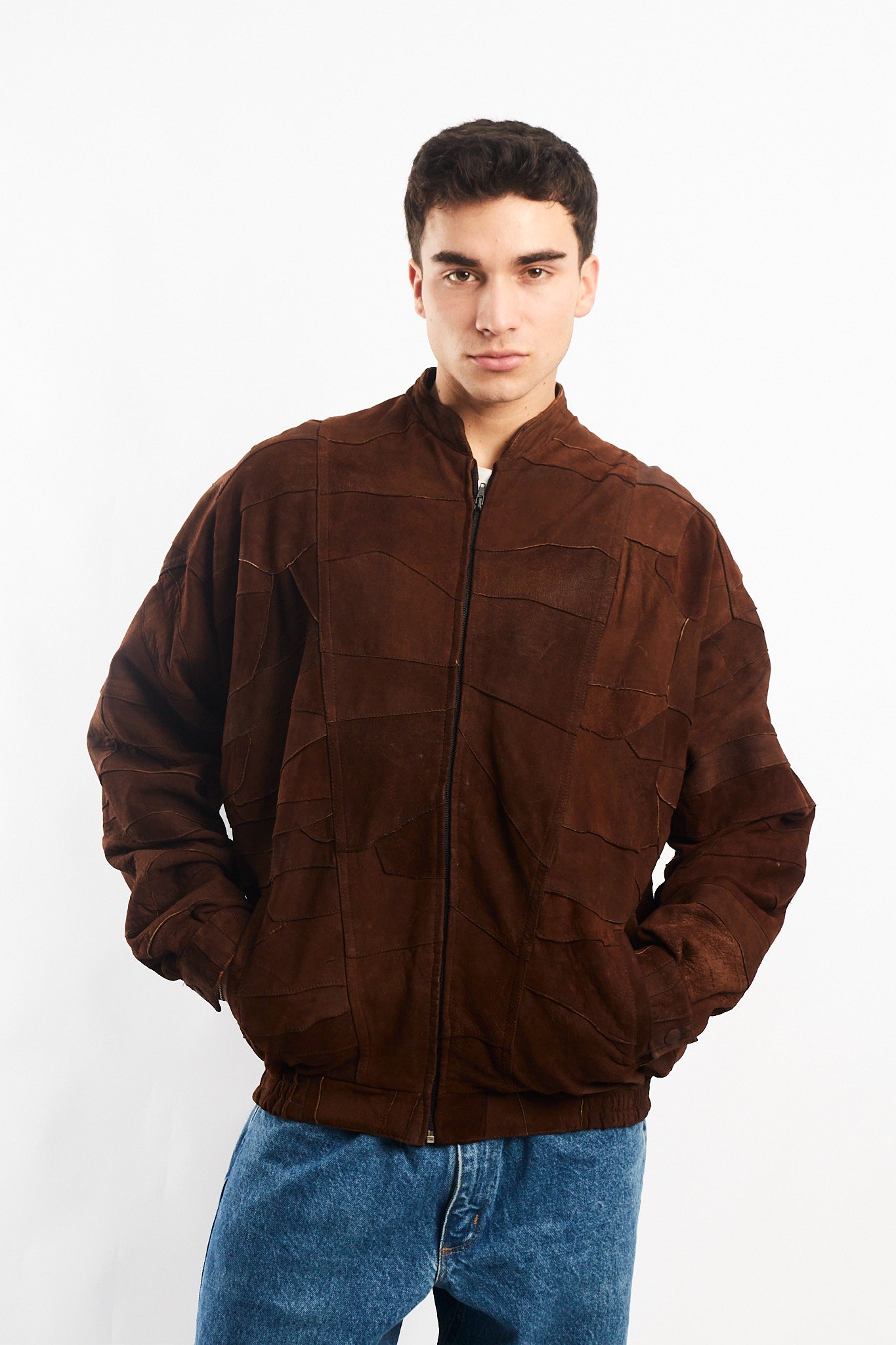 1990 Vintage Cinnamon Patchwork Leather Bomber Jacket (L/XL)