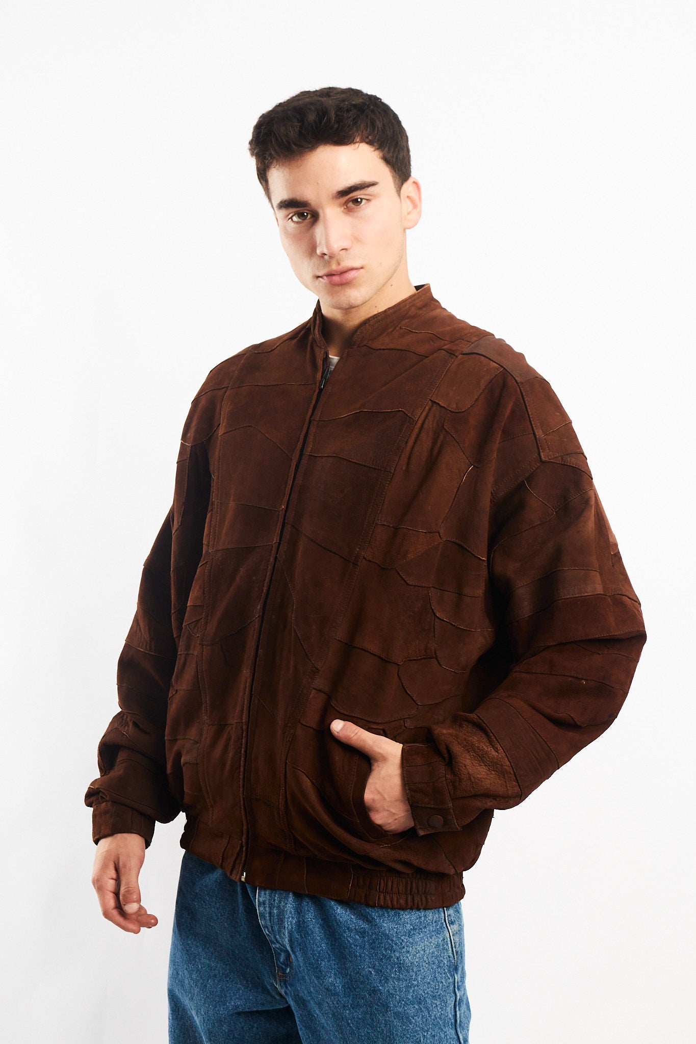 1990 Vintage Cinnamon Patchwork Leather Bomber Jacket (L/XL)