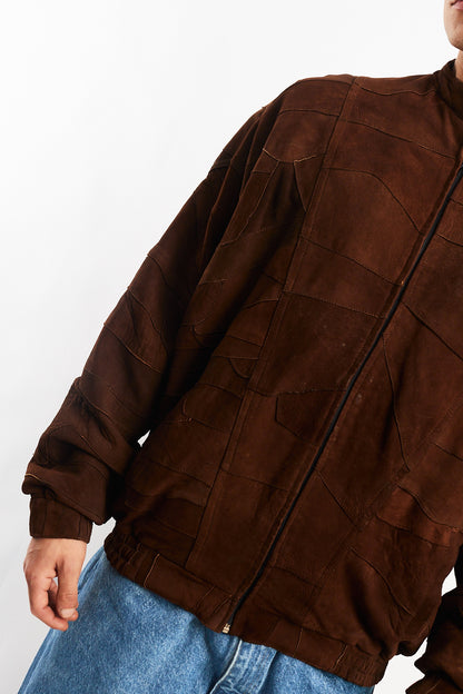 1990 Vintage Cinnamon Patchwork Leather Bomber Jacket (L/XL)