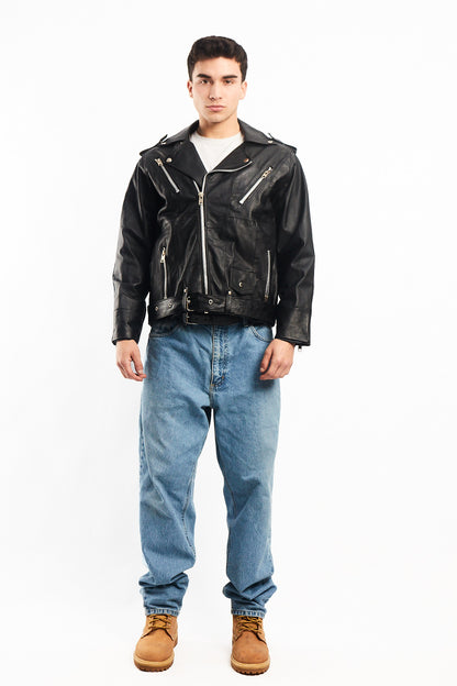 Vintage Tennis Black Leather Biker Jacket (M/L)