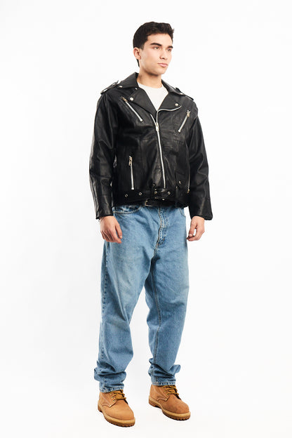Vintage Tennis Black Leather Biker Jacket (M/L)