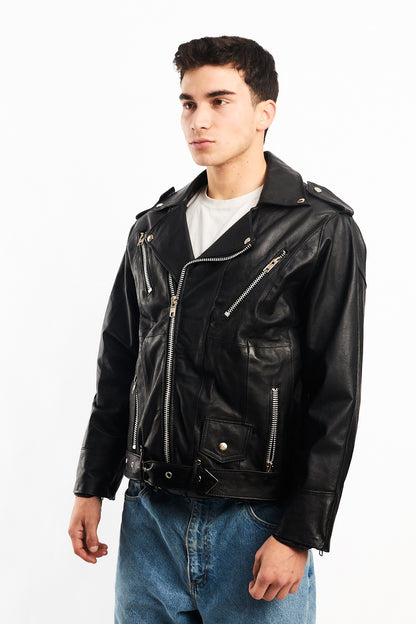 Vintage Tennis Black Leather Biker Jacket (M/L)