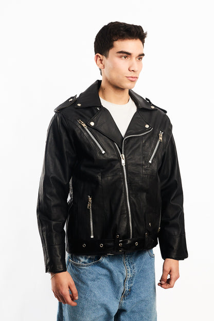 Vintage Tennis Black Leather Biker Jacket (M/L)