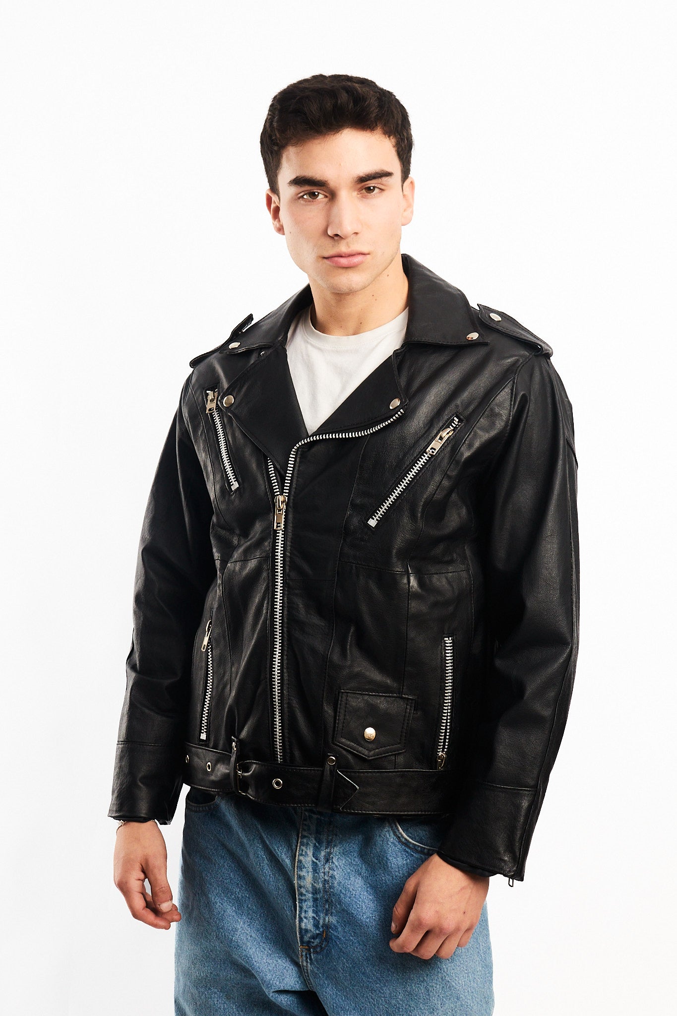 Vintage Tennis Black Leather Biker Jacket (M/L)