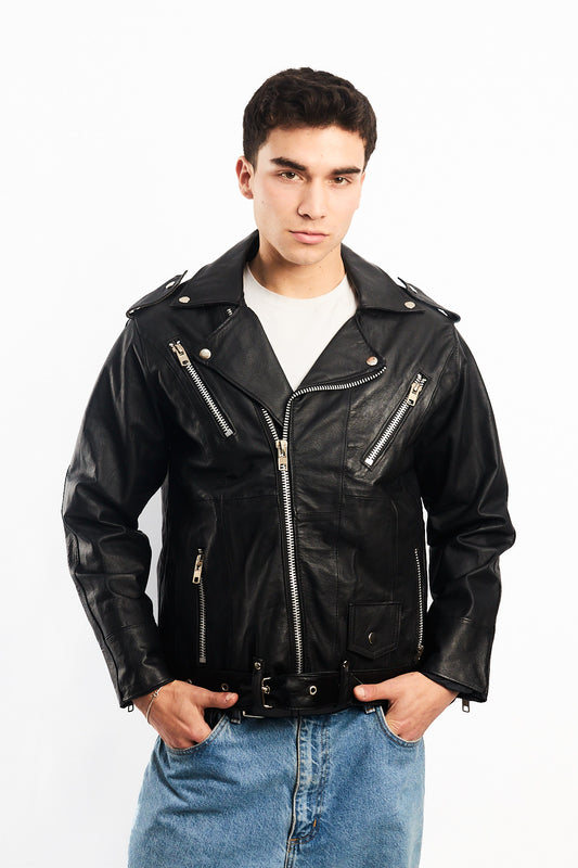 Vintage Tennis Black Leather Biker Jacket (M/L)