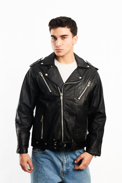 Vintage Tennis Black Leather Biker Jacket (M/L)