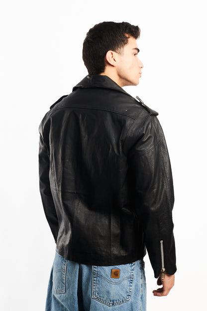 Vintage Tennis Black Leather Biker Jacket (M/L)