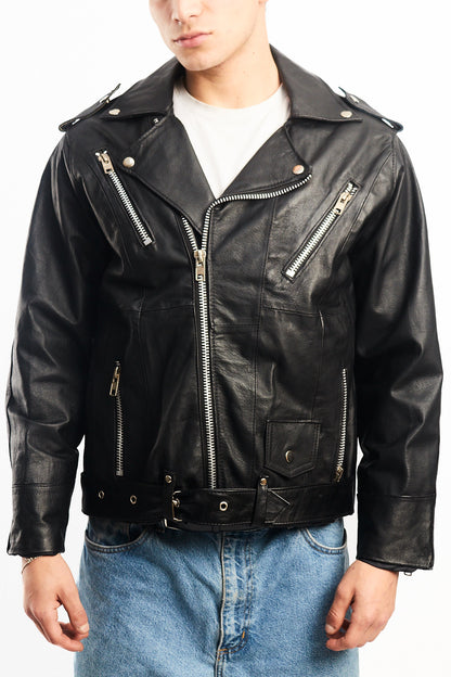 Vintage Tennis Black Leather Biker Jacket (M/L)