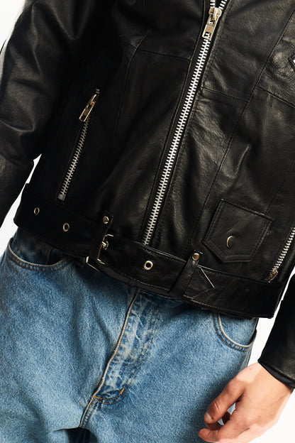 Vintage Tennis Black Leather Biker Jacket (M/L)