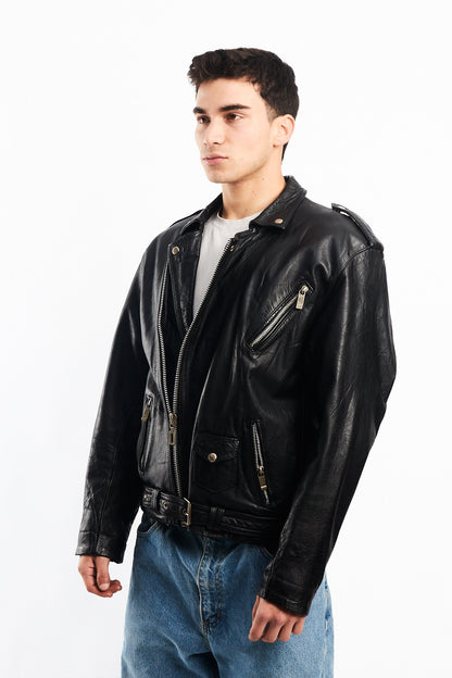 Vintage Black Leather Biker Jacket (L)