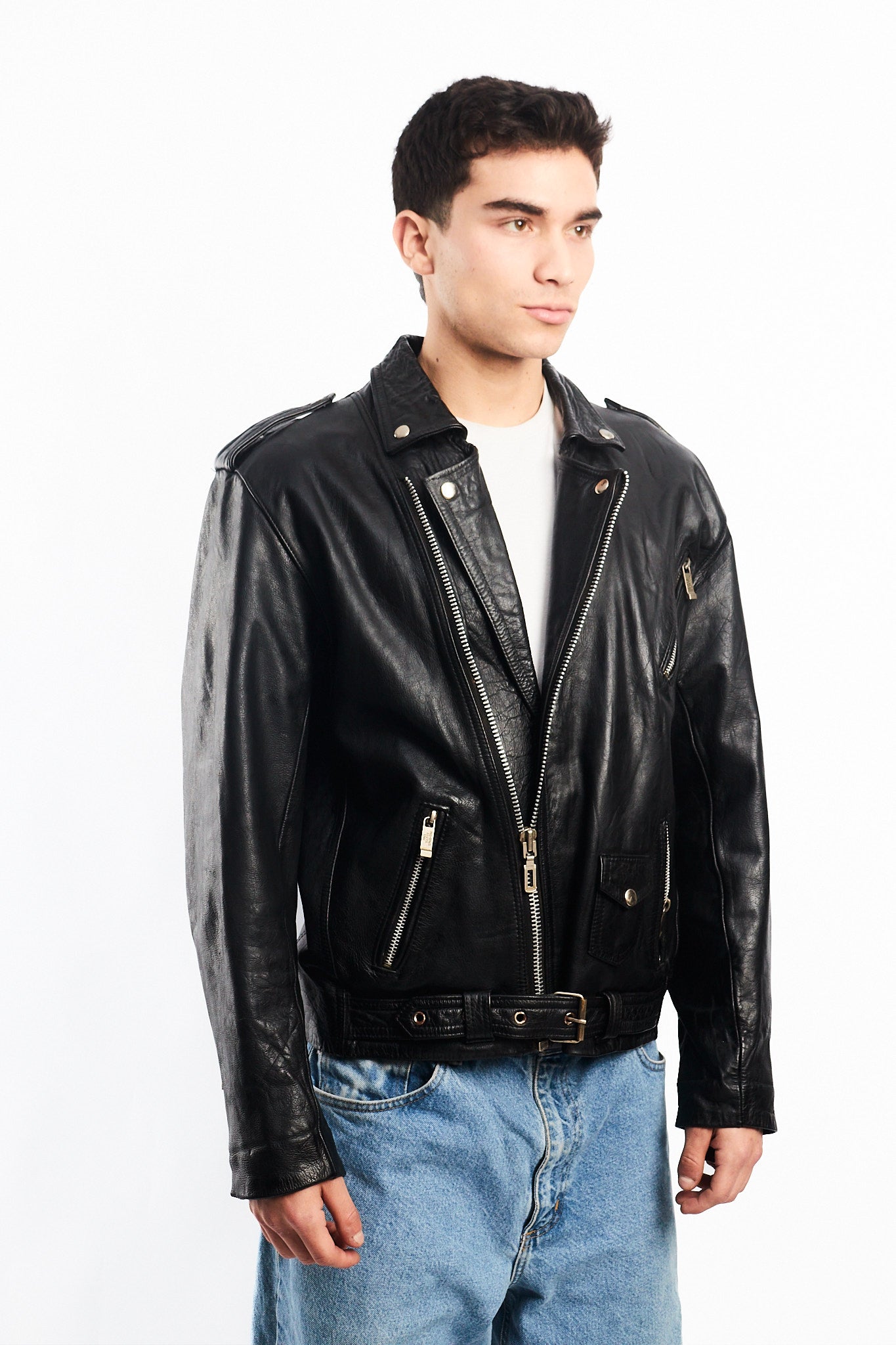 Vintage Black Leather Biker Jacket (L)