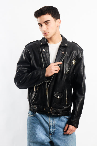 Vintage Black Leather Biker Jacket (L)