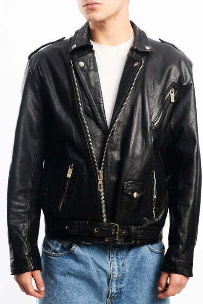 Vintage Black Leather Biker Jacket (L)