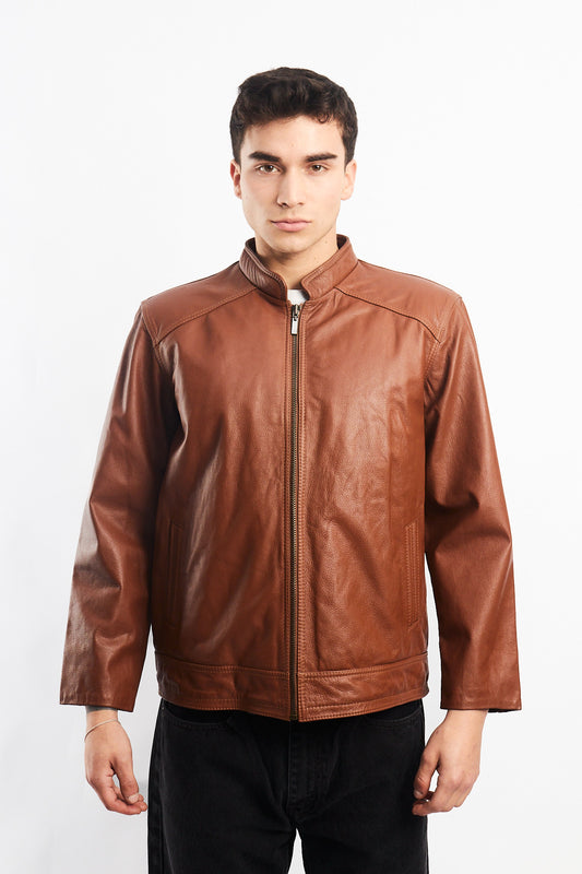 Genuine Leather Caramel Bomber Jacket (M)