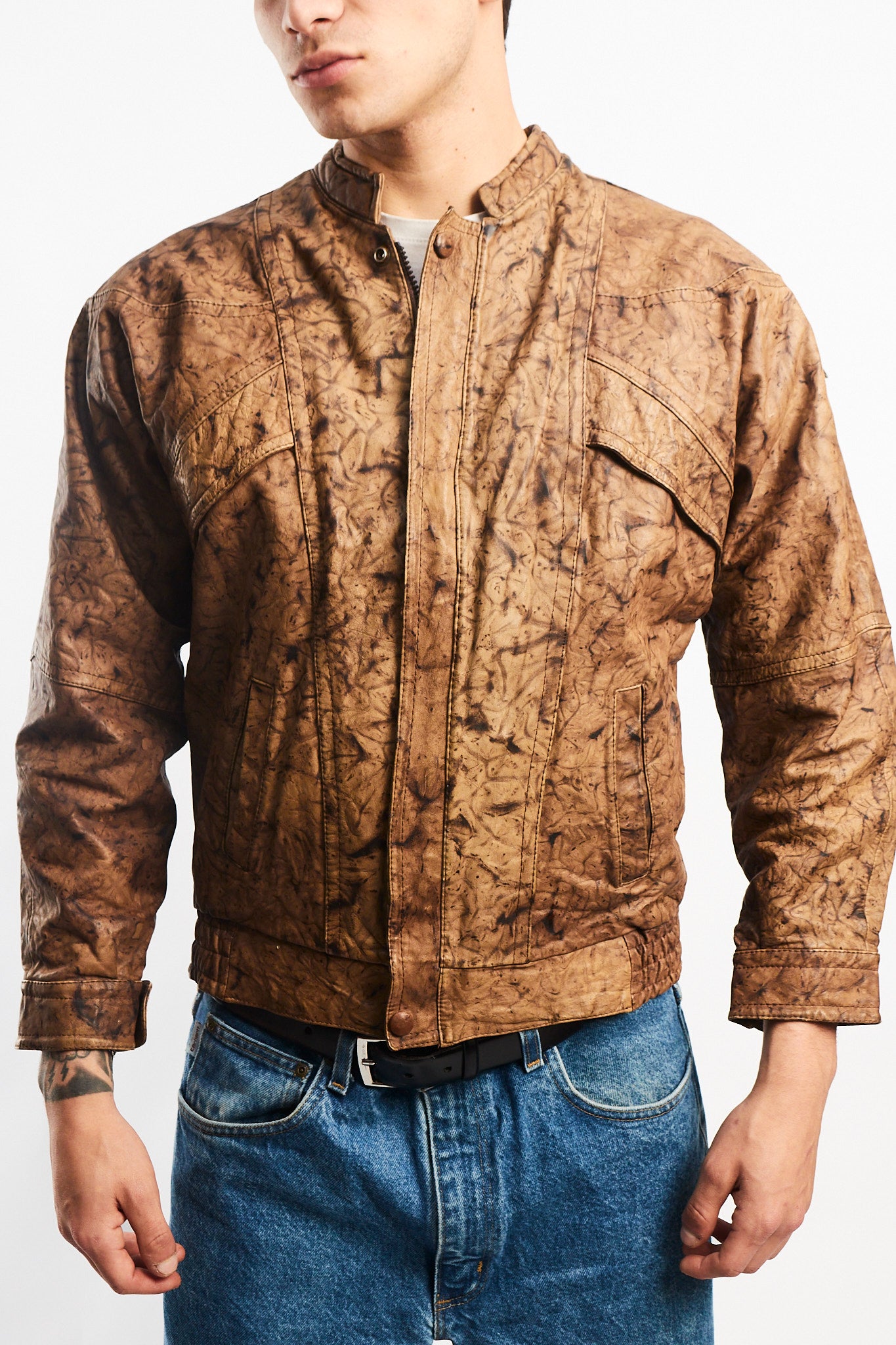 Vintage Camo Leather Bomber Jacket (S/M)
