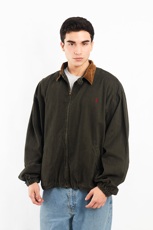 1990 Vintage Polo RL Corduroy Collar Military Green Harrington Jacket (XL)