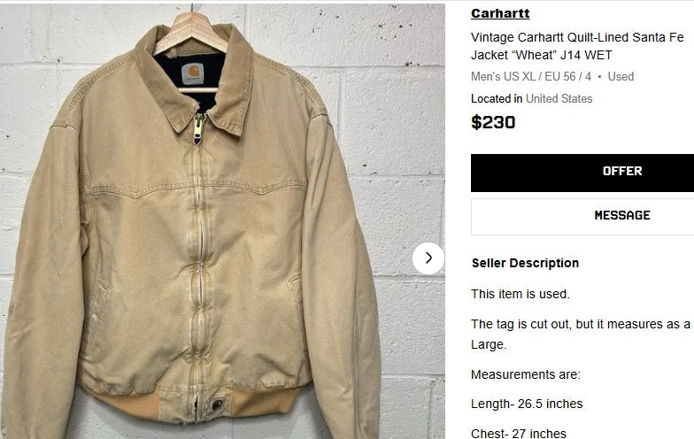 1998 Vintage Carhartt Quilted Wheat Santa Fe Jacket (L/XL)