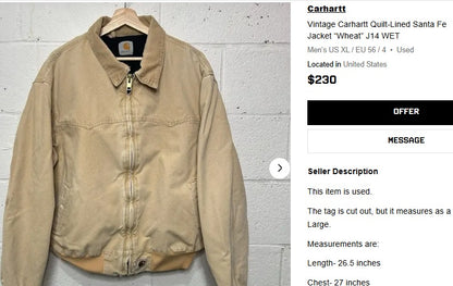 1998 Vintage Carhartt Quilted Wheat Santa Fe Jacket (L/XL)