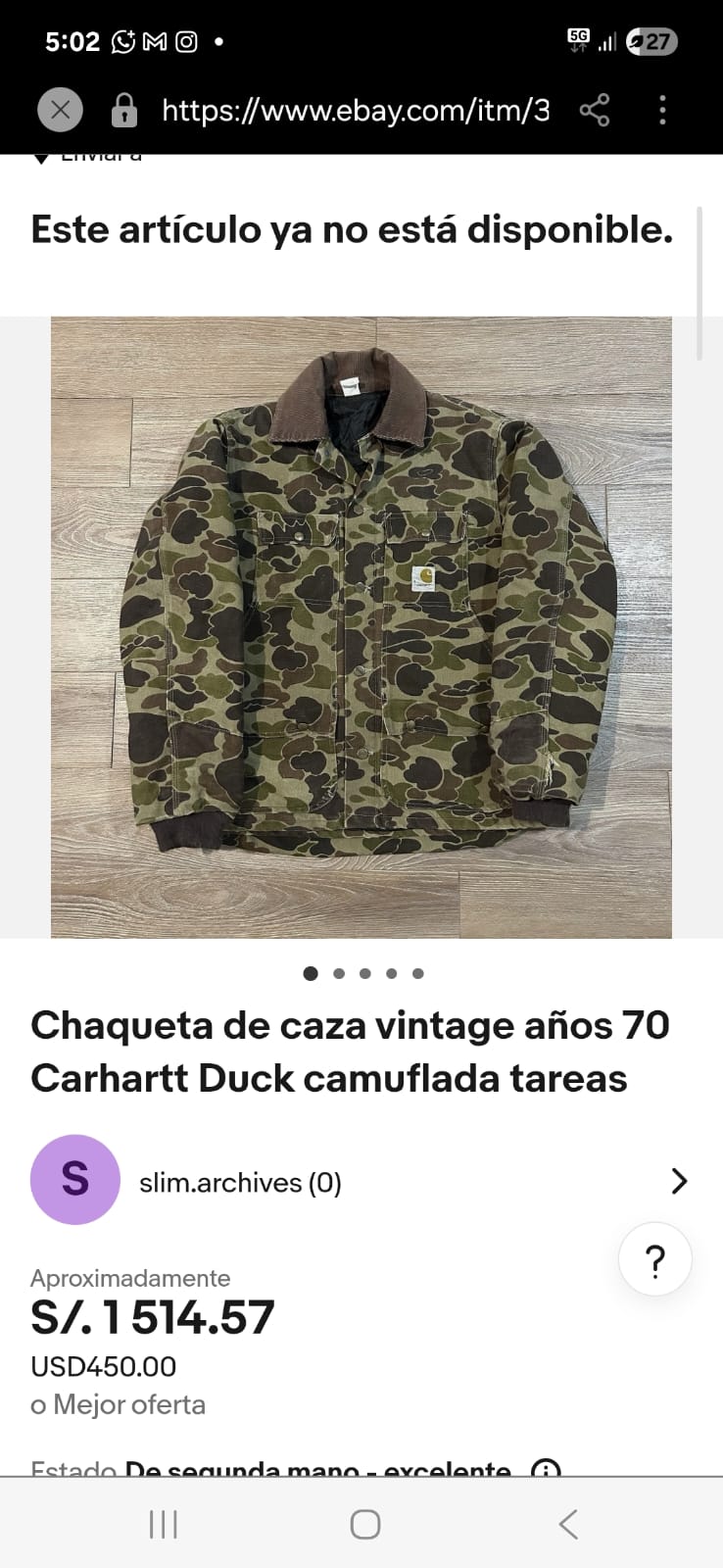 1985 Vintage Carhartt CQ103 Duck Camo Hunting Jacket (M/L)